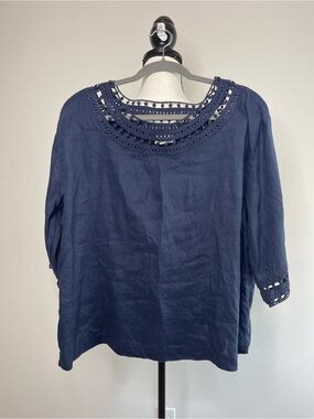 J.Jill love linen 100% linen navy blue shirt size large petite breathable